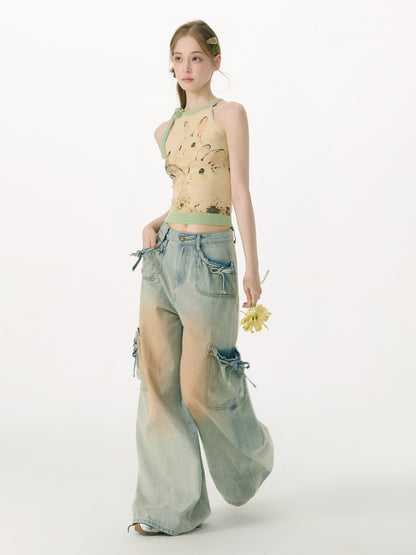 Ink Cute Rabbit Mint Green Contrast Knitted Halter-Neck Vest【s0000017076】