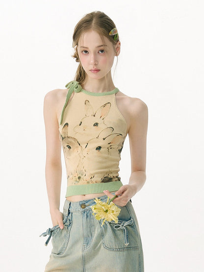 Ink Cute Rabbit Mint Green Contrast Knitted Halter-Neck Vest【s0000017076】