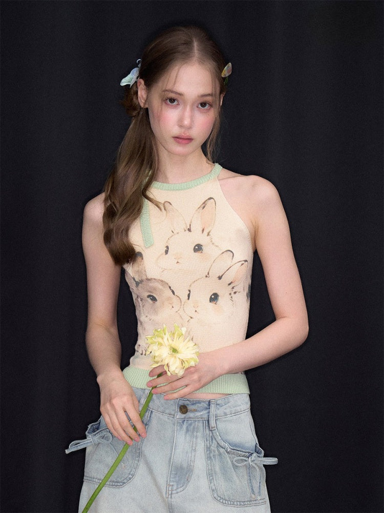 Ink Cute Rabbit Mint Green Contrast Knitted Halter-Neck Vest【s0000017076】