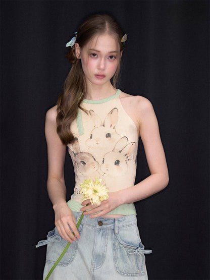 Ink Cute Rabbit Mint Green Contrast Knitted Halter-Neck Vest【s0000017076】