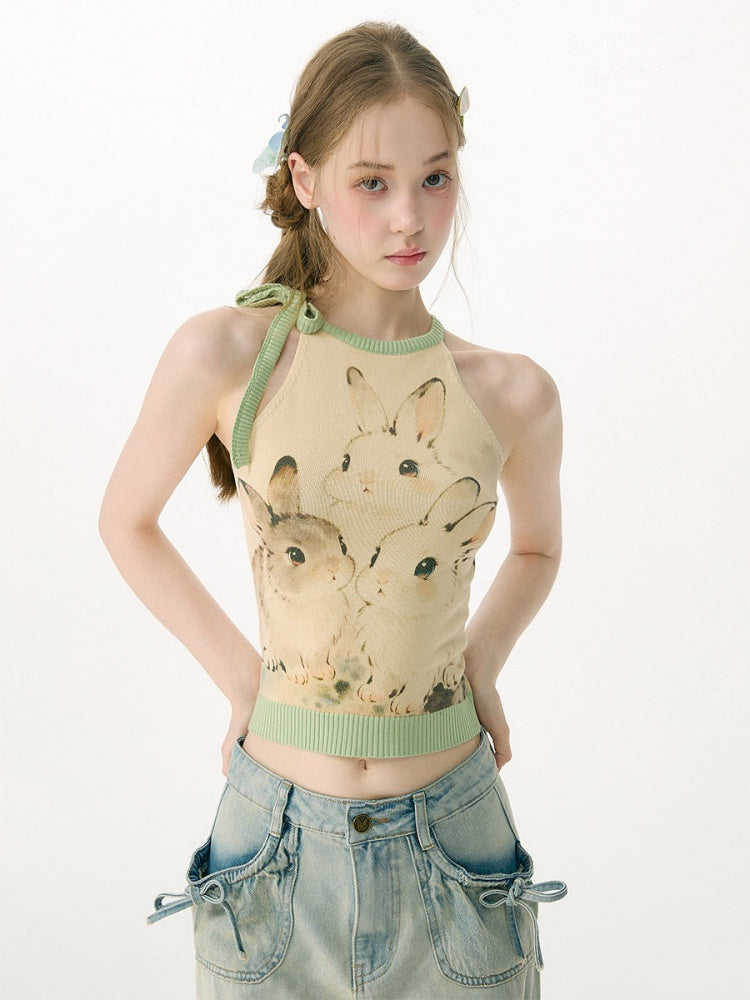 Ink Cute Rabbit Mint Green Contrast Knitted Halter-Neck Vest【s0000017076】
