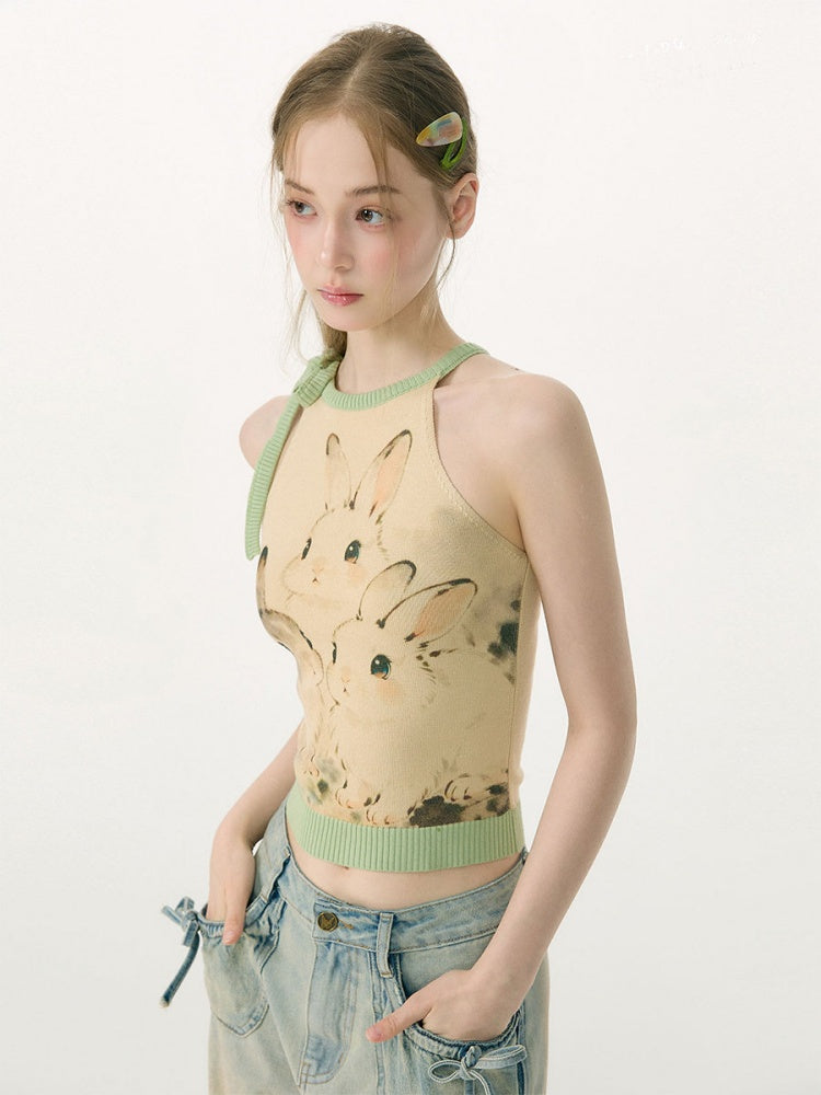 Ink Cute Rabbit Mint Green Contrast Knitted Halter-Neck Vest【s0000017076】