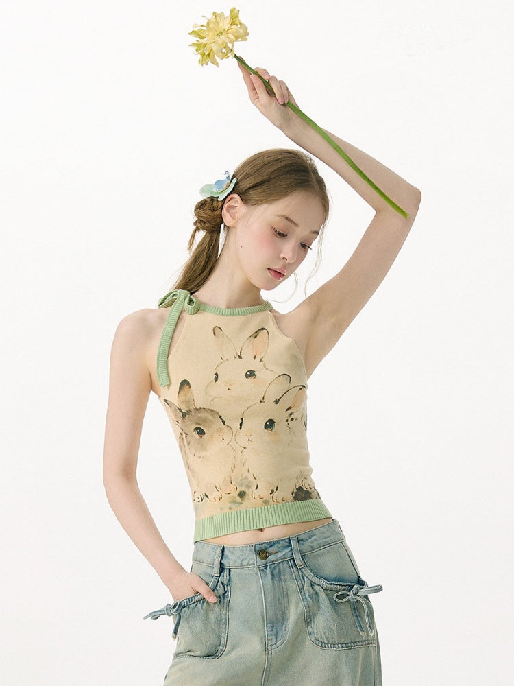 Ink Cute Rabbit Mint Green Contrast Knitted Halter-Neck Vest【s0000017076】