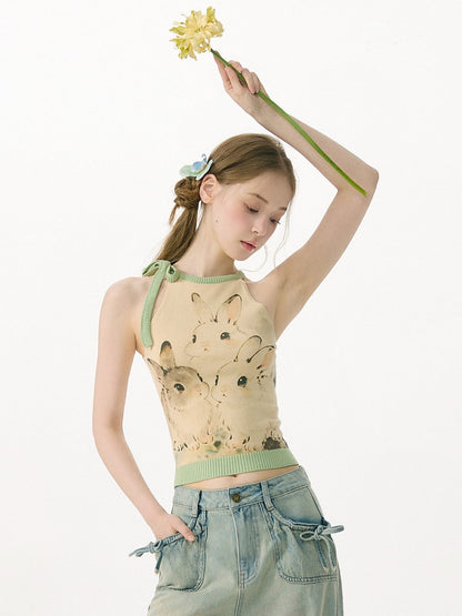 Ink Cute Rabbit Mint Green Contrast Knitted Halter-Neck Vest【s0000017076】