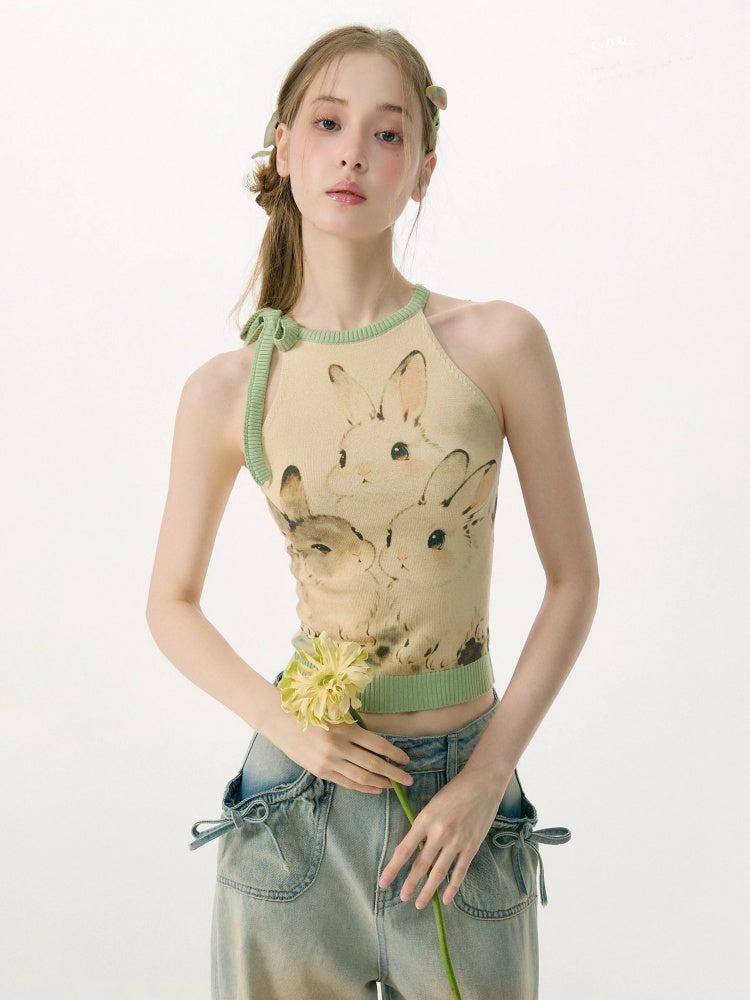 Ink Cute Rabbit Mint Green Contrast Knitted Halter-Neck Vest【s0000017076】