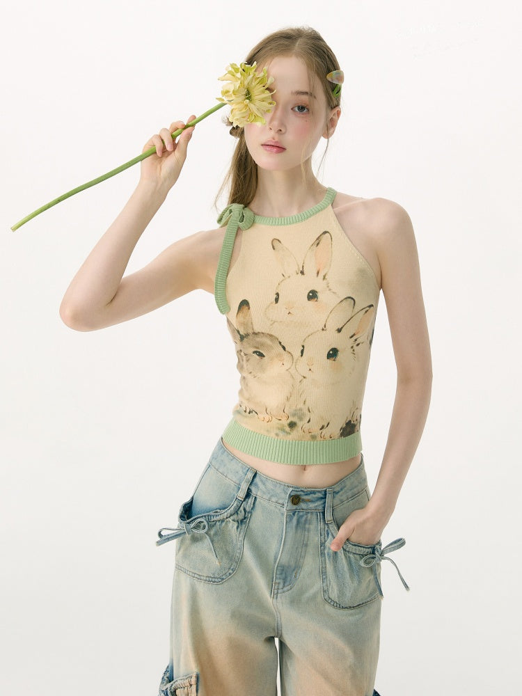 Ink Cute Rabbit Mint Green Contrast Knitted Halter-Neck Vest【s0000017076】