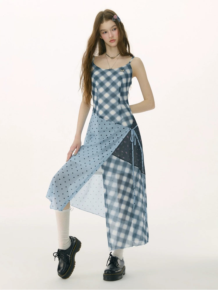 Deconstructed Plaid Polka Dot Irregular Camisole Dress【s0000017077】