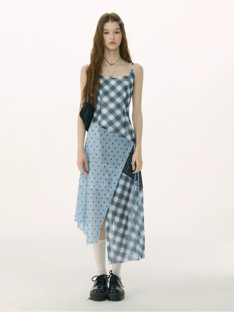 Deconstructed Plaid Polka Dot Irregular Camisole Dress【s0000017077】