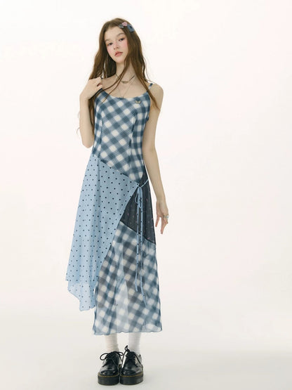Deconstructed Plaid Polka Dot Irregular Camisole Dress【s0000017077】