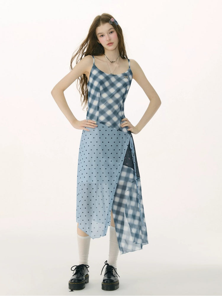 Deconstructed Plaid Polka Dot Irregular Camisole Dress【s0000017077】