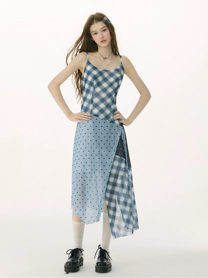 Deconstructed Plaid Polka Dot Irregular Camisole Dress【s0000017077】