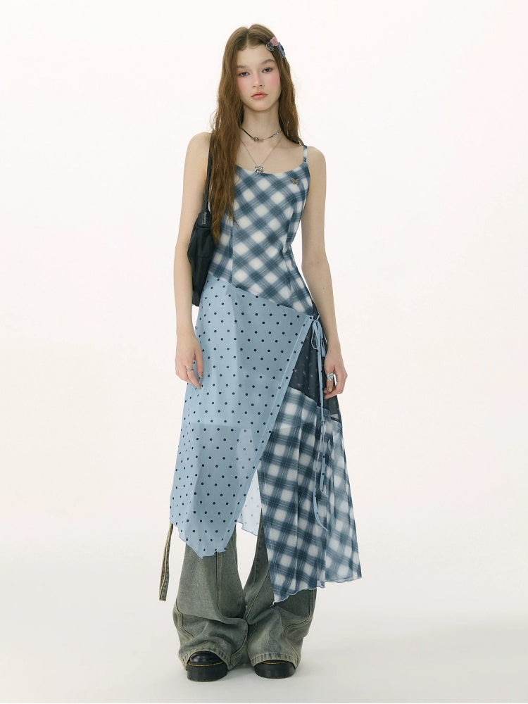 Deconstructed Plaid Polka Dot Irregular Camisole Dress【s0000017077】