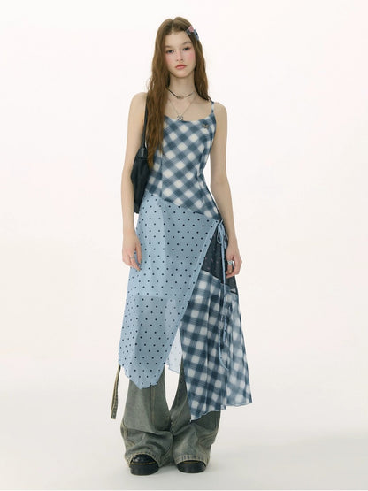Deconstructed Plaid Polka Dot Irregular Camisole Dress【s0000017077】