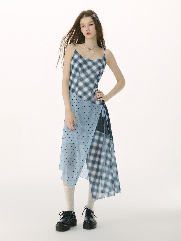Deconstructed Plaid Polka Dot Irregular Camisole Dress【s0000017077】