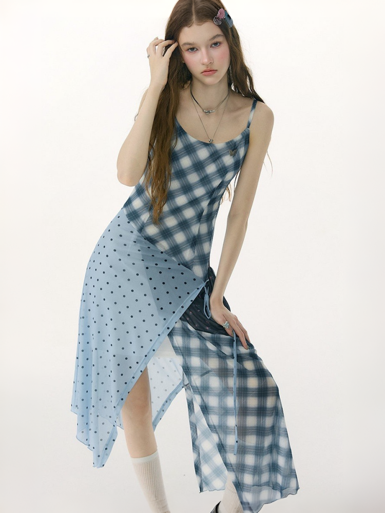 Deconstructed Plaid Polka Dot Irregular Camisole Dress【s0000017077】