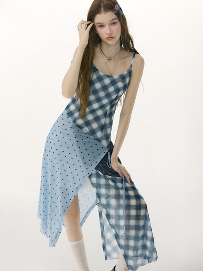 Deconstructed Plaid Polka Dot Irregular Camisole Dress【s0000017077】