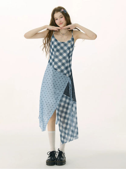 Deconstructed Plaid Polka Dot Irregular Camisole Dress【s0000017077】