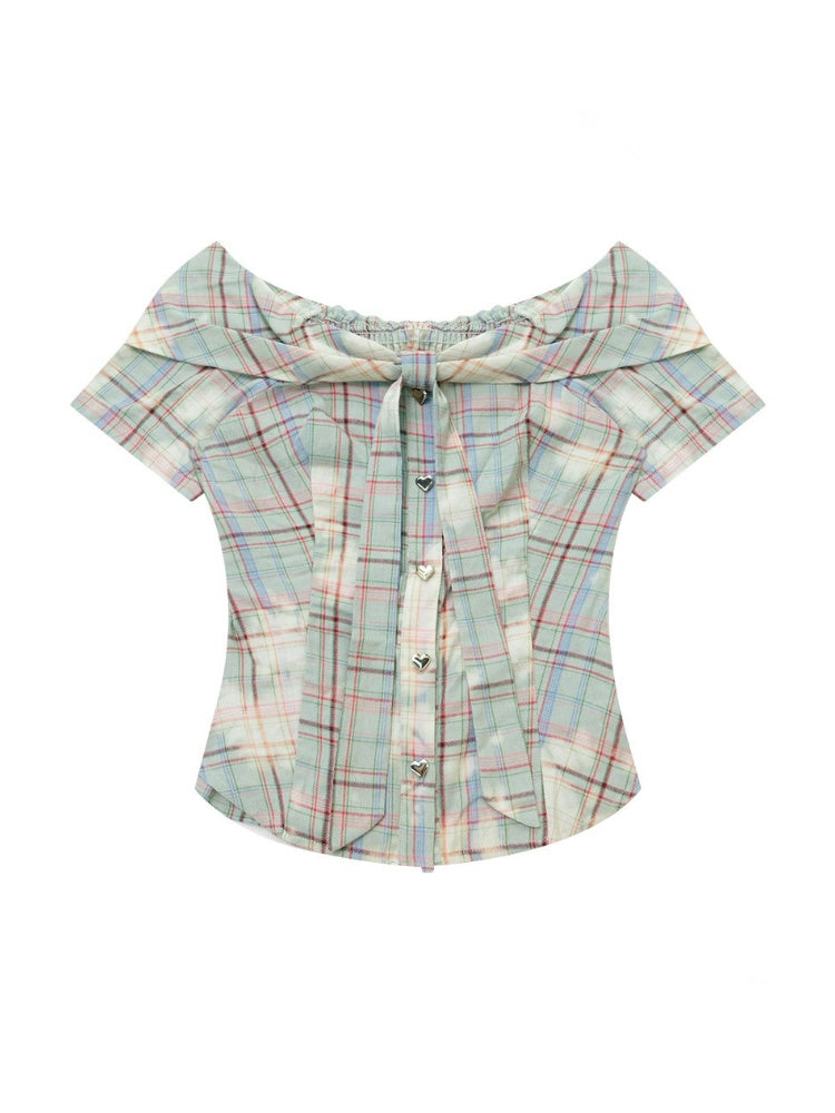 Off-Shoulder Plaid Retro Short-Sleeved Shirt【s0000017079】