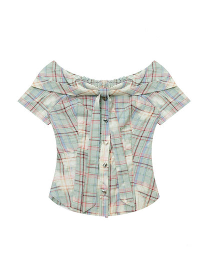 Off-Shoulder Plaid Retro Short-Sleeved Shirt【s0000017079】