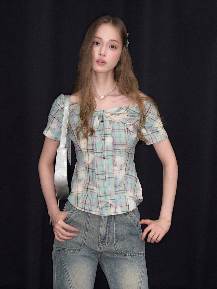 Off-Shoulder Plaid Retro Short-Sleeved Shirt【s0000017079】