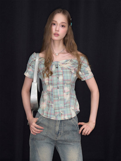 Off-Shoulder Plaid Retro Short-Sleeved Shirt【s0000017079】