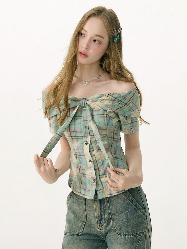 Off-Shoulder Plaid Retro Short-Sleeved Shirt【s0000017079】