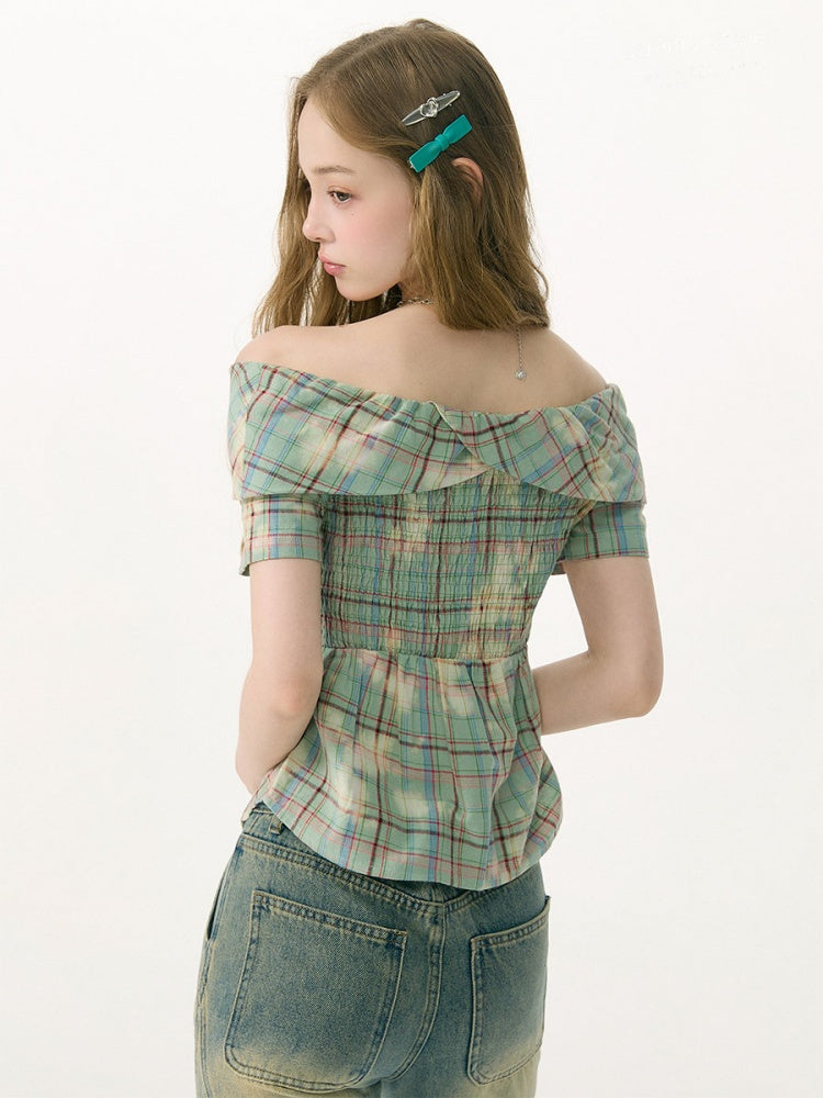 Off-Shoulder Plaid Retro Short-Sleeved Shirt【s0000017079】