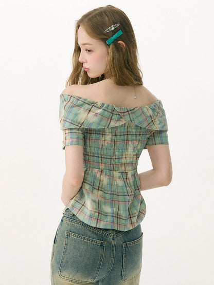 Off-Shoulder Plaid Retro Short-Sleeved Shirt【s0000017079】