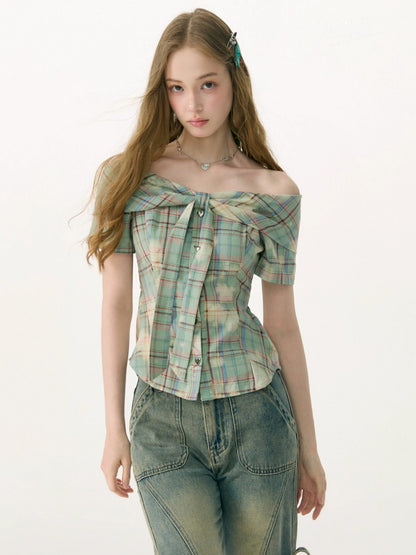 Off-Shoulder Plaid Retro Short-Sleeved Shirt【s0000017079】