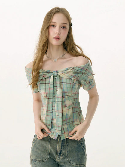 Off-Shoulder Plaid Retro Short-Sleeved Shirt【s0000017079】