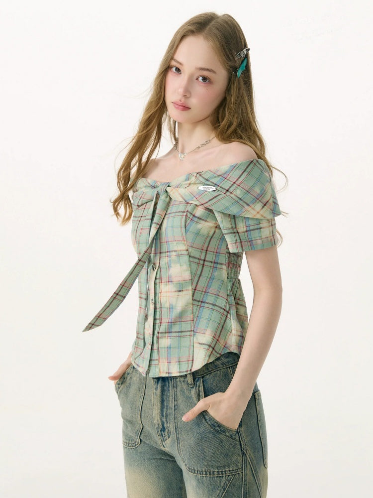 Off-Shoulder Plaid Retro Short-Sleeved Shirt【s0000017079】