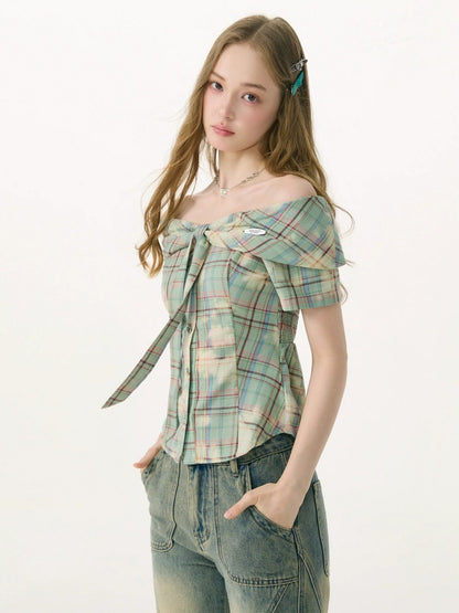 Off-Shoulder Plaid Retro Short-Sleeved Shirt【s0000017079】
