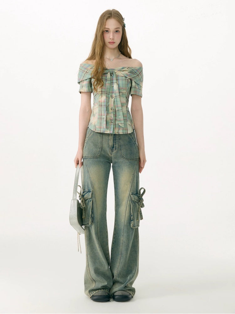 Off-Shoulder Plaid Retro Short-Sleeved Shirt【s0000017079】