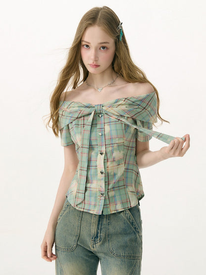 Off-Shoulder Plaid Retro Short-Sleeved Shirt【s0000017079】