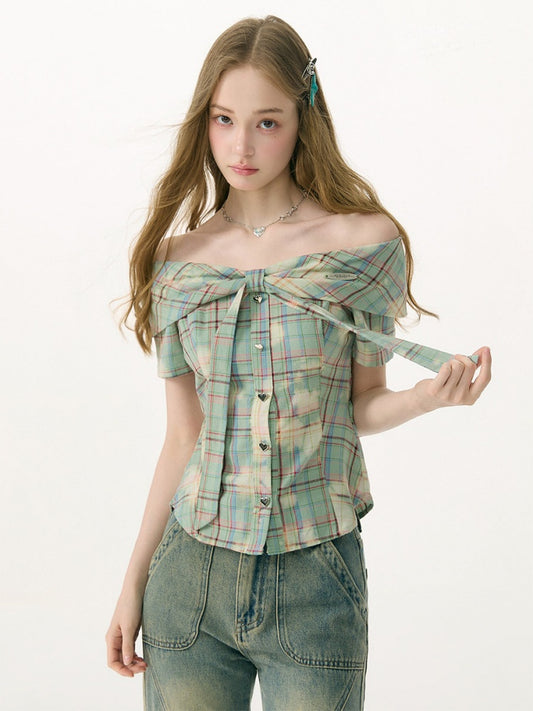 Off-Shoulder Plaid Retro Short-Sleeved Shirt【s0000017079】