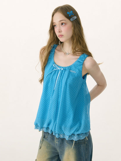 Polka Dot Lace Hem Tank Top Blue【s0000017080】