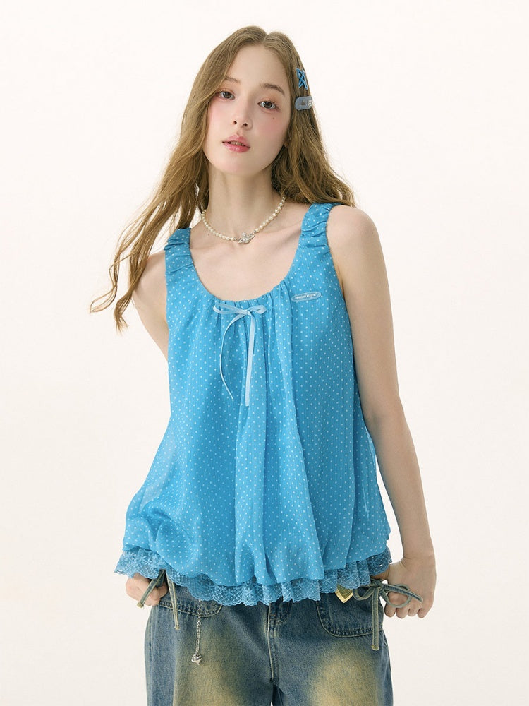 Polka Dot Lace Hem Tank Top Blue【s0000017080】