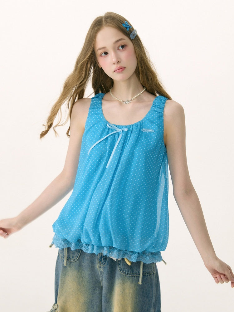 Polka Dot Lace Hem Tank Top Blue【s0000017080】
