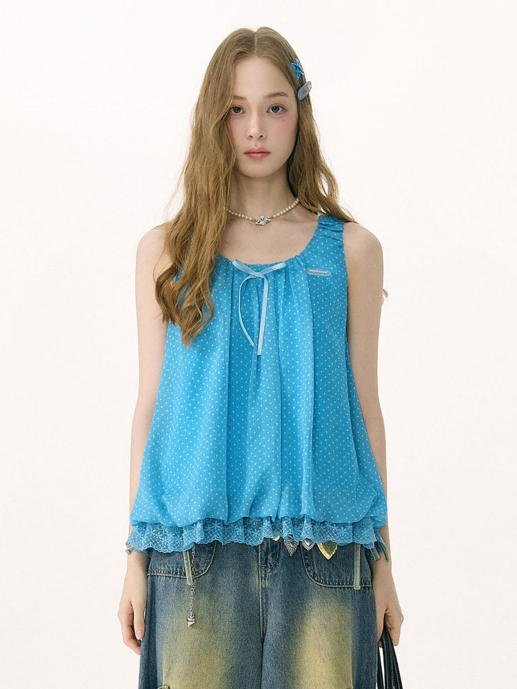 Polka Dot Lace Hem Tank Top Blue【s0000017080】