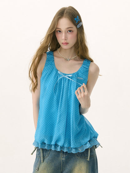Polka Dot Lace Hem Tank Top Blue【s0000017080】
