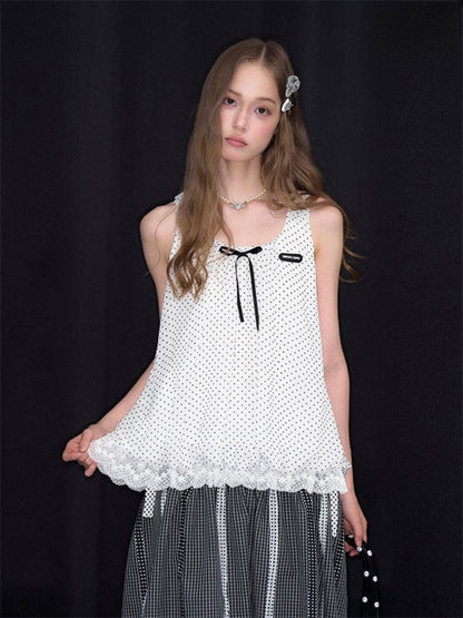Polka Dot Lace Hem Tank Top White【s0000017081】