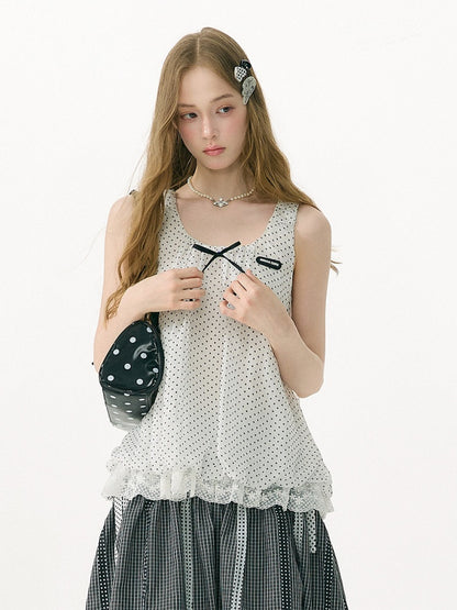 Polka Dot Lace Hem Tank Top White【s0000017081】