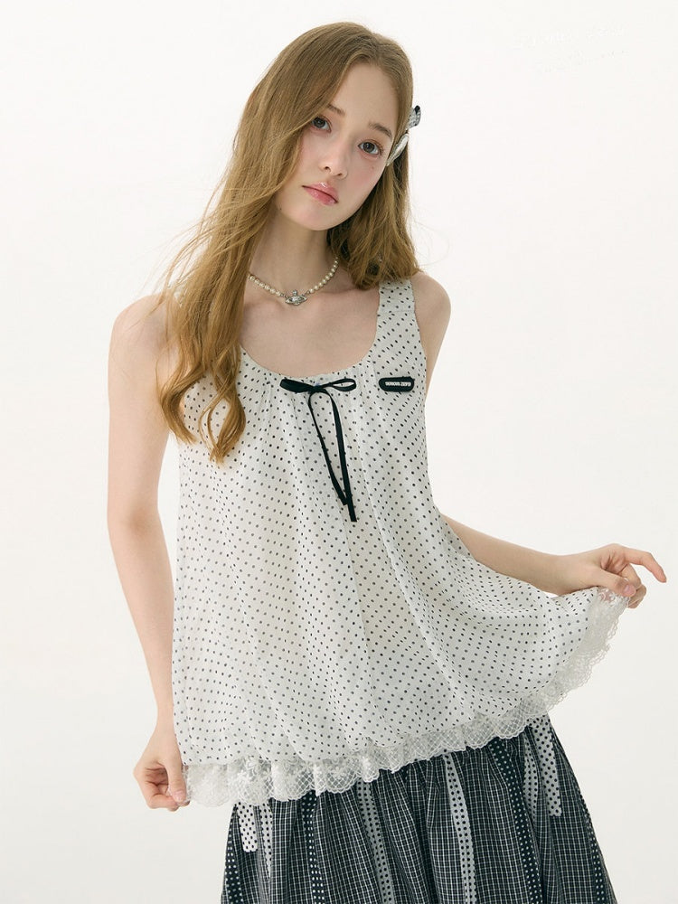 Polka Dot Lace Hem Tank Top White【s0000017081】