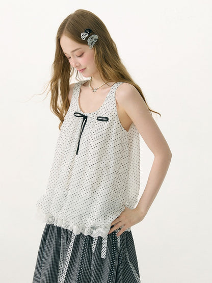 Polka Dot Lace Hem Tank Top White【s0000017081】