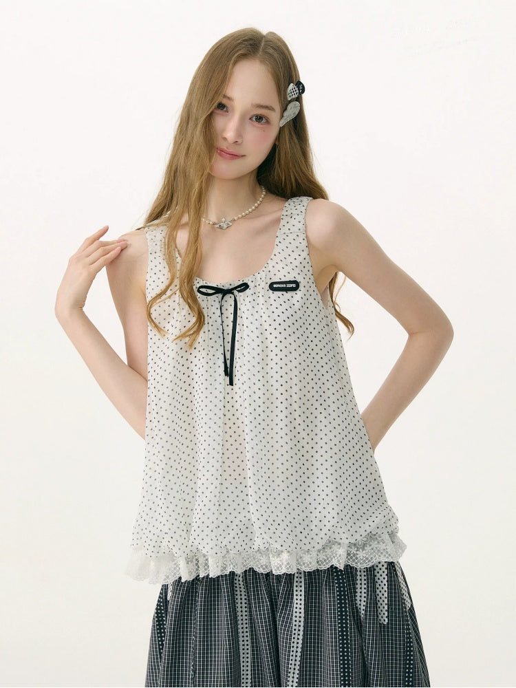Polka Dot Lace Hem Tank Top White【s0000017081】