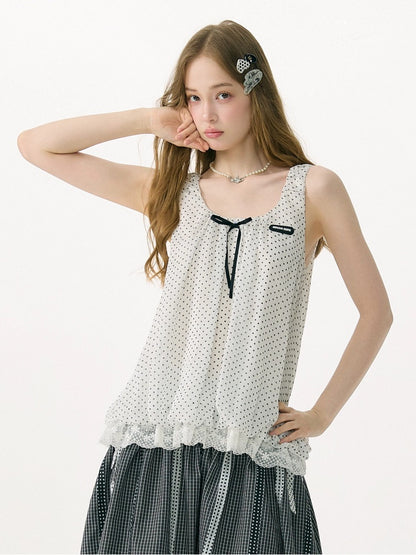 Polka Dot Lace Hem Tank Top White【s0000017081】