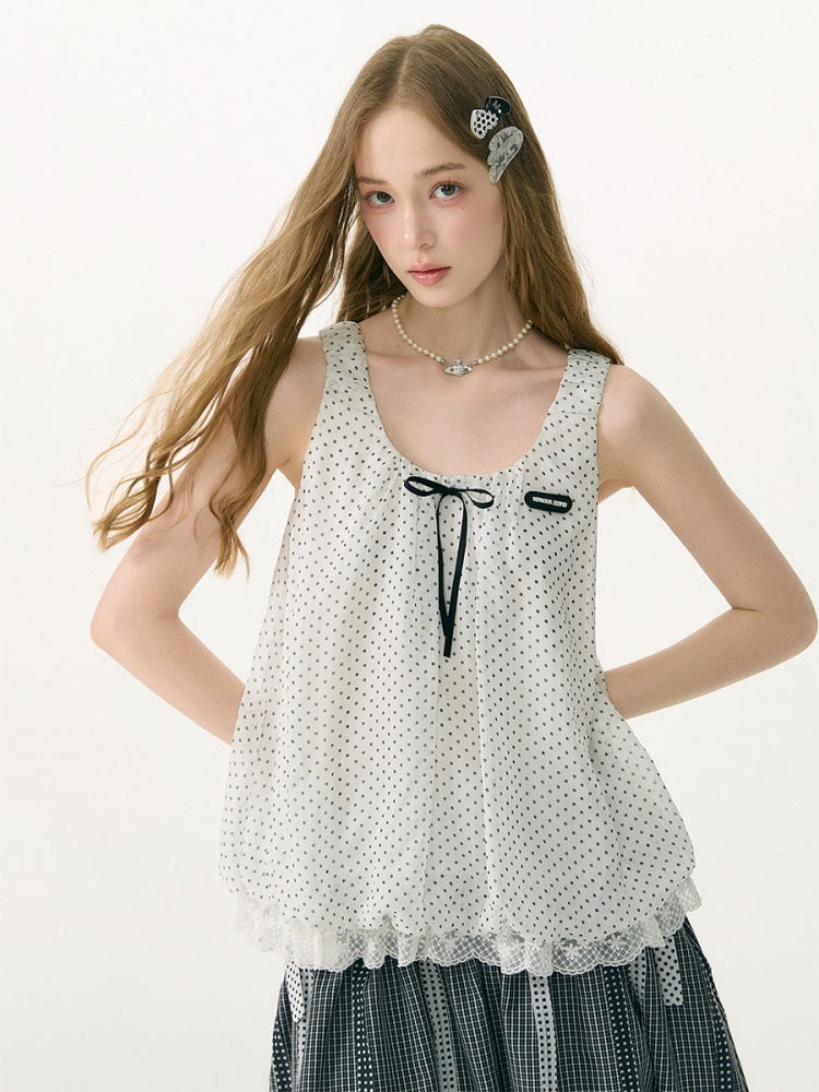 Polka Dot Lace Hem Tank Top White【s0000017081】