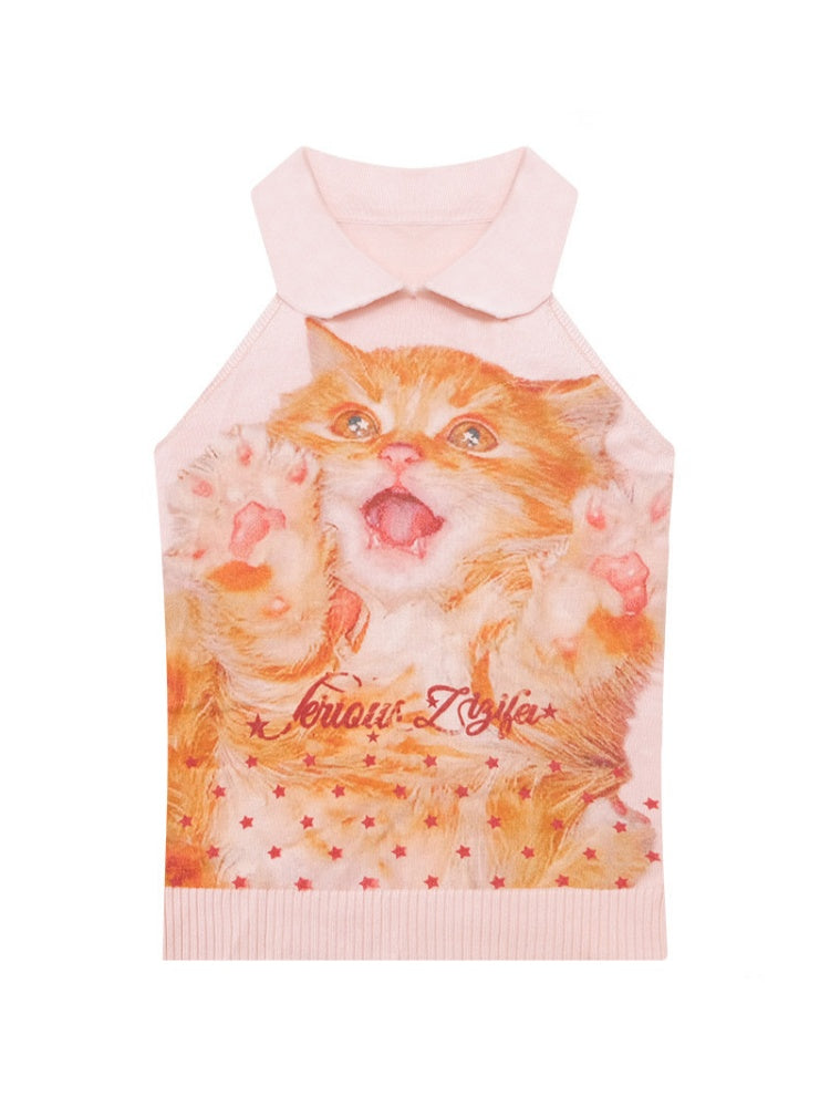 Retro Doll Collar Cat Print Knitted Vest【s0000017082】
