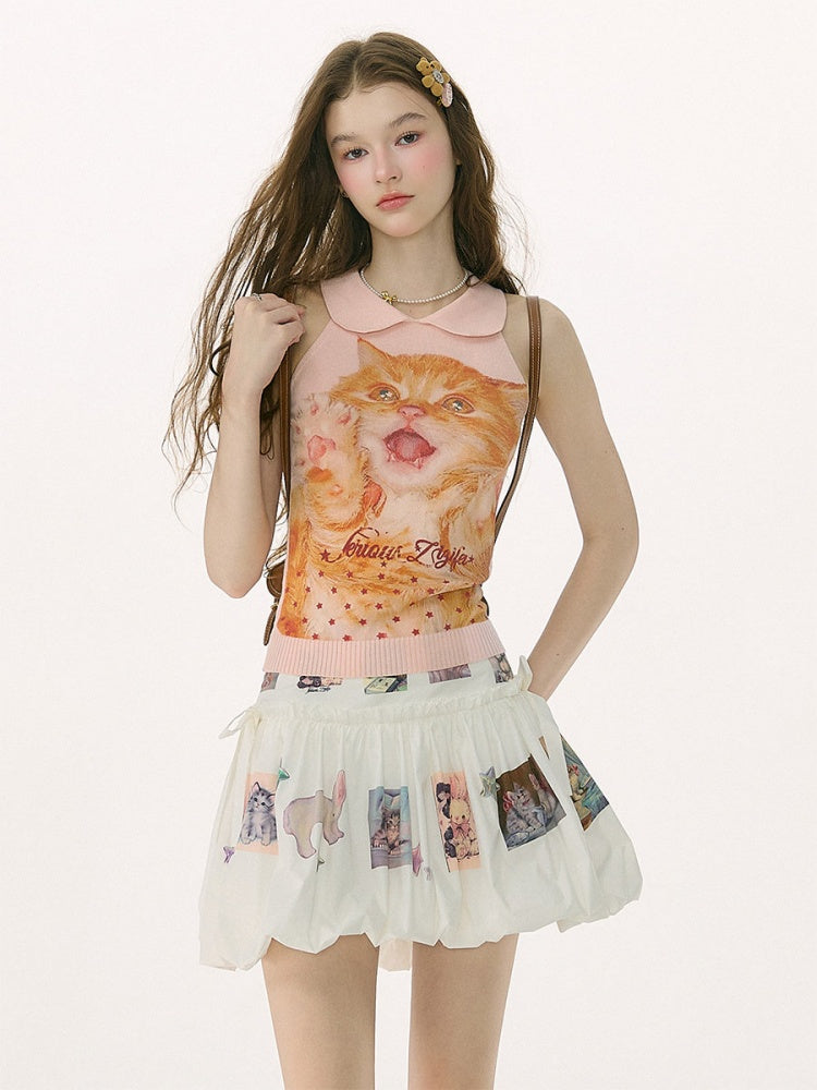 Retro Doll Collar Cat Print Knitted Vest【s0000017082】