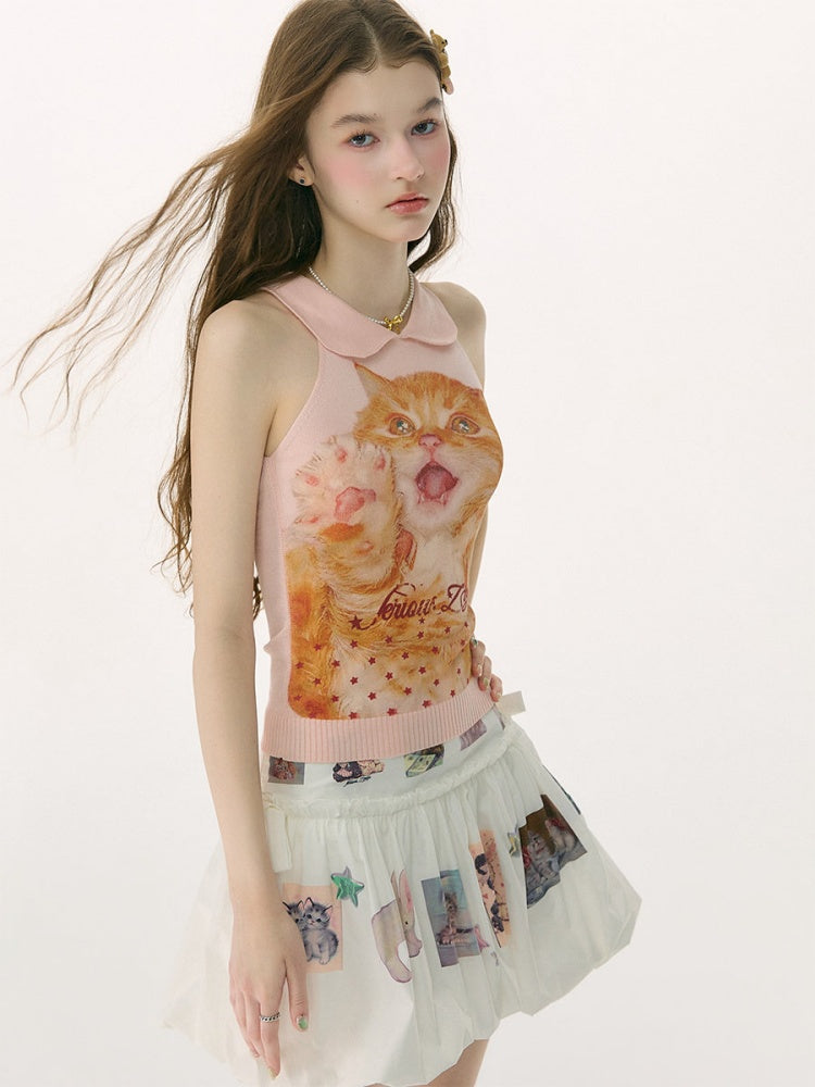Retro Doll Collar Cat Print Knitted Vest【s0000017082】